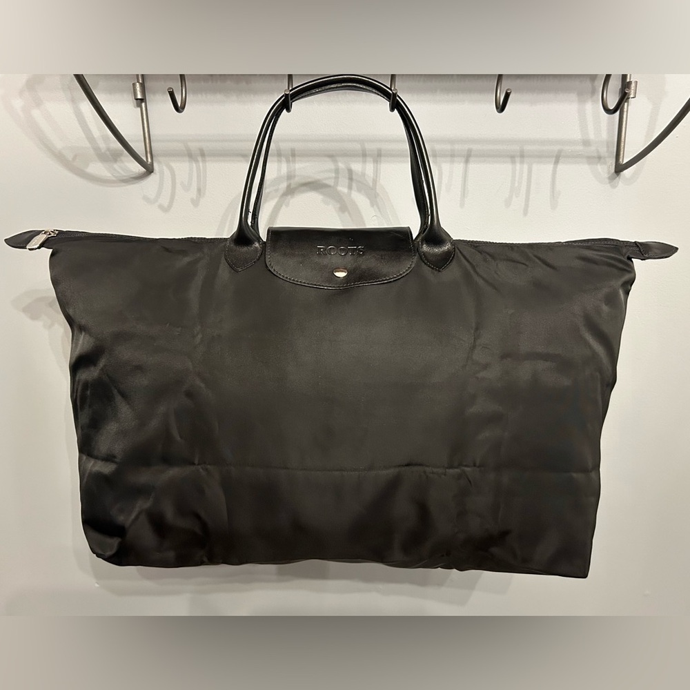 Vintage ROOTS Large Black Leather and Nylon Foldable Bag